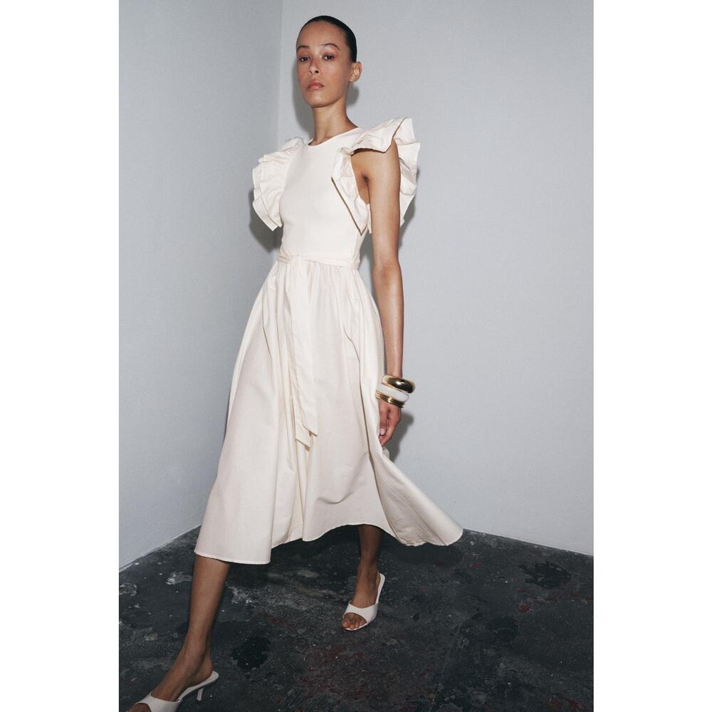 ZARA Ruffled Midi Dress NWT | Ecru Cotton Fit & Flare Belted Size M/L - Picture 11 of 16